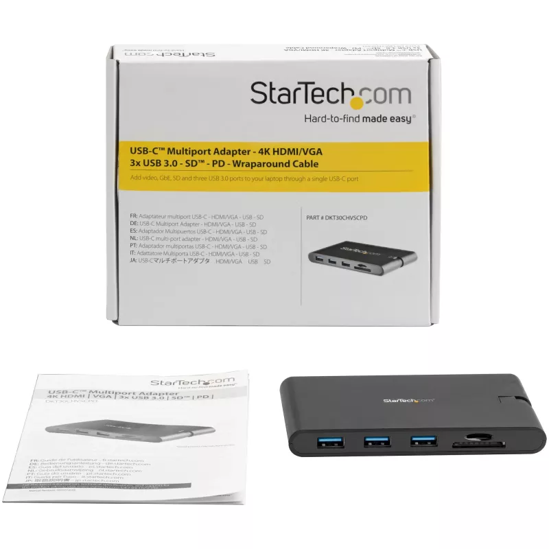 StarTech.com USB C daugiafunkcis adapteris - USB Type-C mini dokas su HDMI 4K arba VGA 1080p vaizdu - 100W maitinimo pralaidumas, 3 prievadų USB 3.0 šakotuvas, GbE, SD ir MicroSD - nešiojamojo kompiuterio kelioninis dokas