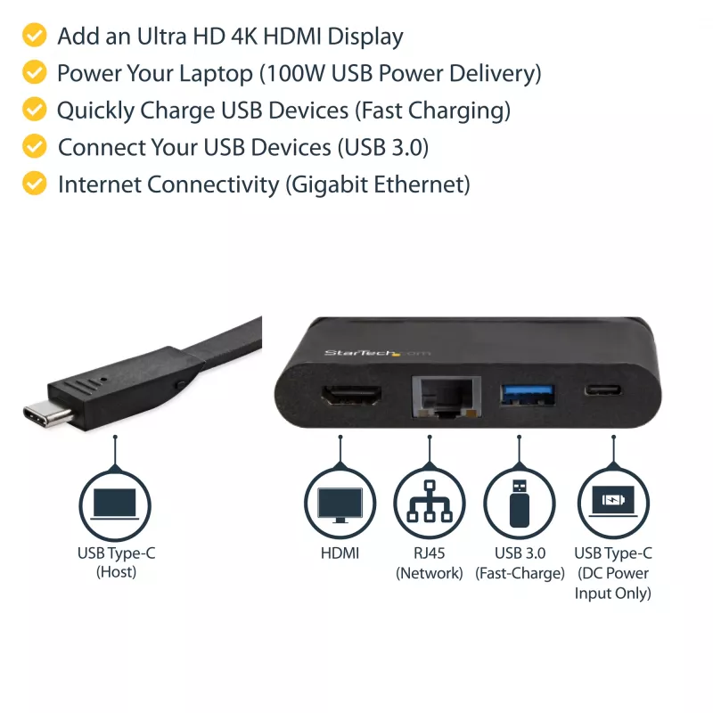 StarTech.com USB-C daugiafunkcis adapteris – nešiojama USB-C dokas su 4K HDMI – 100 W PD 3.0 pralaidumas, 1x USB-A, 1x USB-C, GbE – Thunderbolt 3 ir USB Type-C nešiojamojo kompiuterio kelioninis dokas – Mac ir Windows