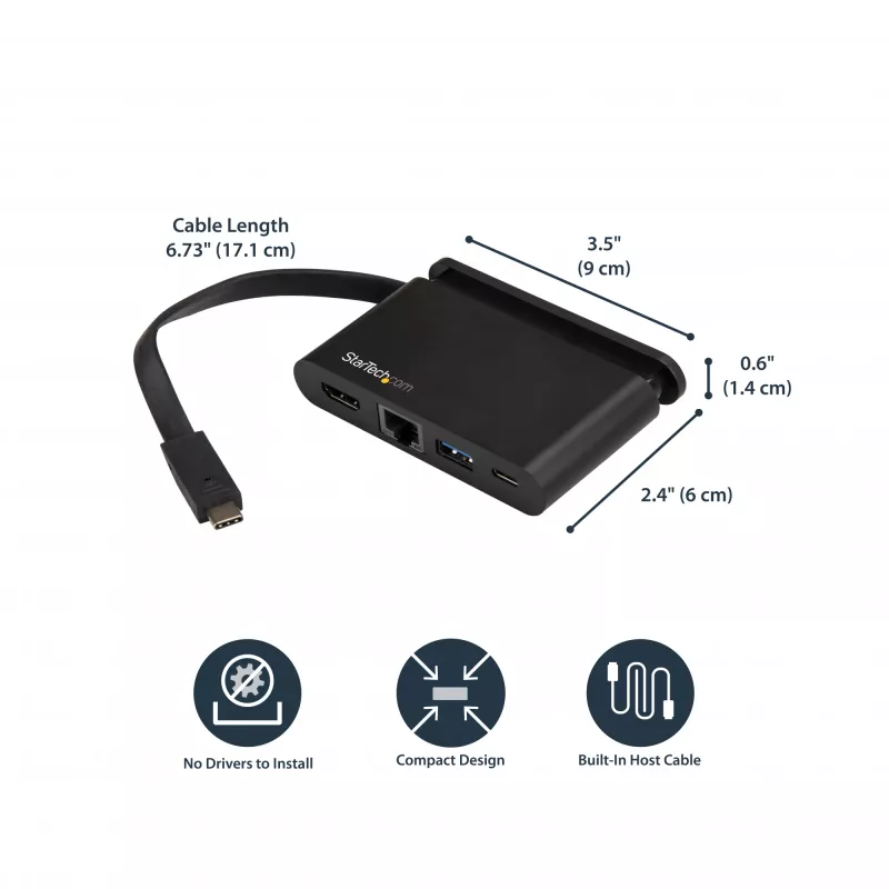 StarTech.com USB-C daugiafunkcis adapteris – nešiojama USB-C dokas su 4K HDMI – 100 W PD 3.0 pralaidumas, 1x USB-A, 1x USB-C, GbE – Thunderbolt 3 ir USB Type-C nešiojamojo kompiuterio kelioninis dokas – Mac ir Windows