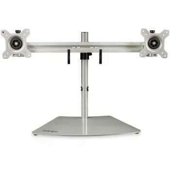 StarTech.com dvigubas monitoriaus stovas – ergonomiškas laisvai stovintis dviejų monitorių stalinis stovas dviem 24 colių VESA tvirtinimo ekranams – sinchronizuotas aukščio reguliavimas – dvigubas monitoriaus stulpelio laikiklis – sidabrinis