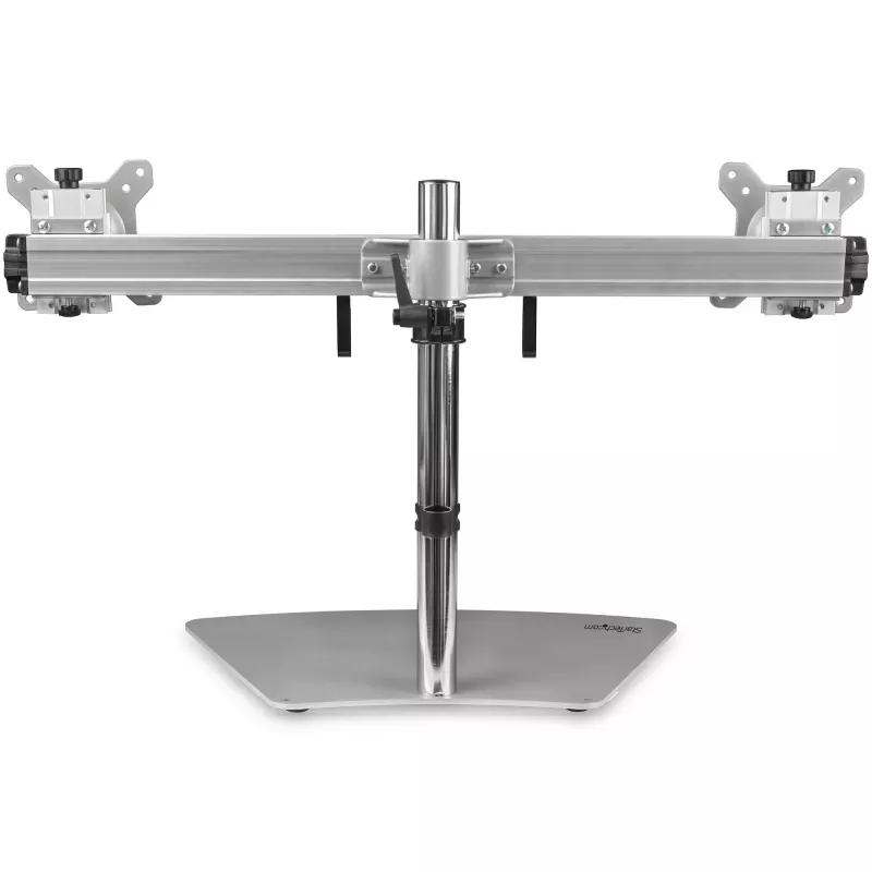 StarTech.com dvigubas monitoriaus stovas – ergonomiškas laisvai stovintis dviejų monitorių stalinis stovas dviem 24 colių VESA tvirtinimo ekranams – sinchronizuotas aukščio reguliavimas – dvigubas monitoriaus stulpelio laikiklis – sidabrinis