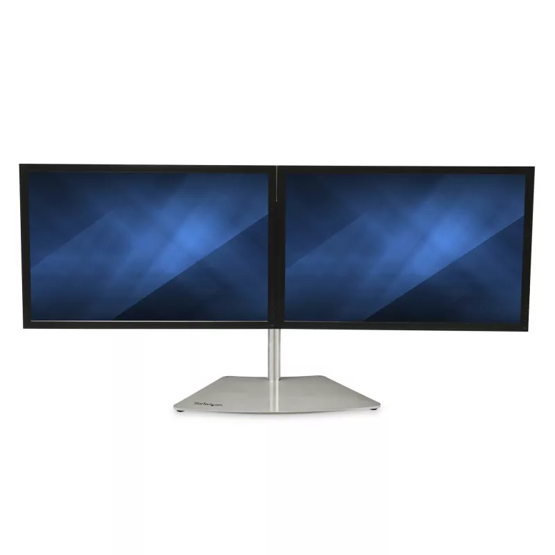 StarTech.com dvigubas monitoriaus stovas – ergonomiškas laisvai stovintis dviejų monitorių stalinis stovas dviem 24 colių VESA tvirtinimo ekranams – sinchronizuotas aukščio reguliavimas – dvigubas monitoriaus stulpelio laikiklis – sidabrinis