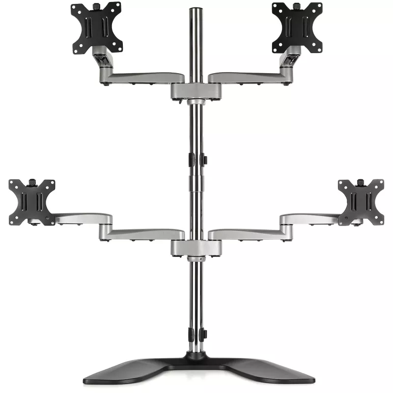 StarTech.com Stacionarus keturių monitorių stovas – ergonomiška VESA 4 monitorių rankena (2x2) iki 32 colių – atskirai stovintis lankstus universalus stulpo laikiklis – reguliuojamas aukštis / pasvirimas / pasukimas / sukimas – sidabrinis