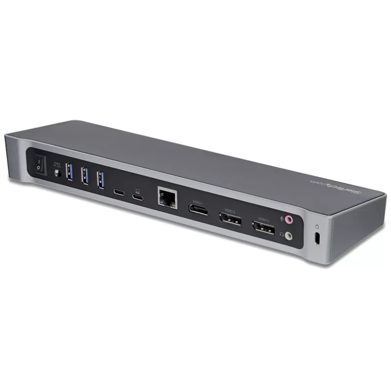 StarTech.com 4K USB-C dokas, triguba UHD 4K monitorių prijungimo stotelė, Mac ir Windows, USB-C į HDMI ir DisplayPort, 100 W energijos tiekimas, 5x USB 5 Gbps šakotuvas – TAA