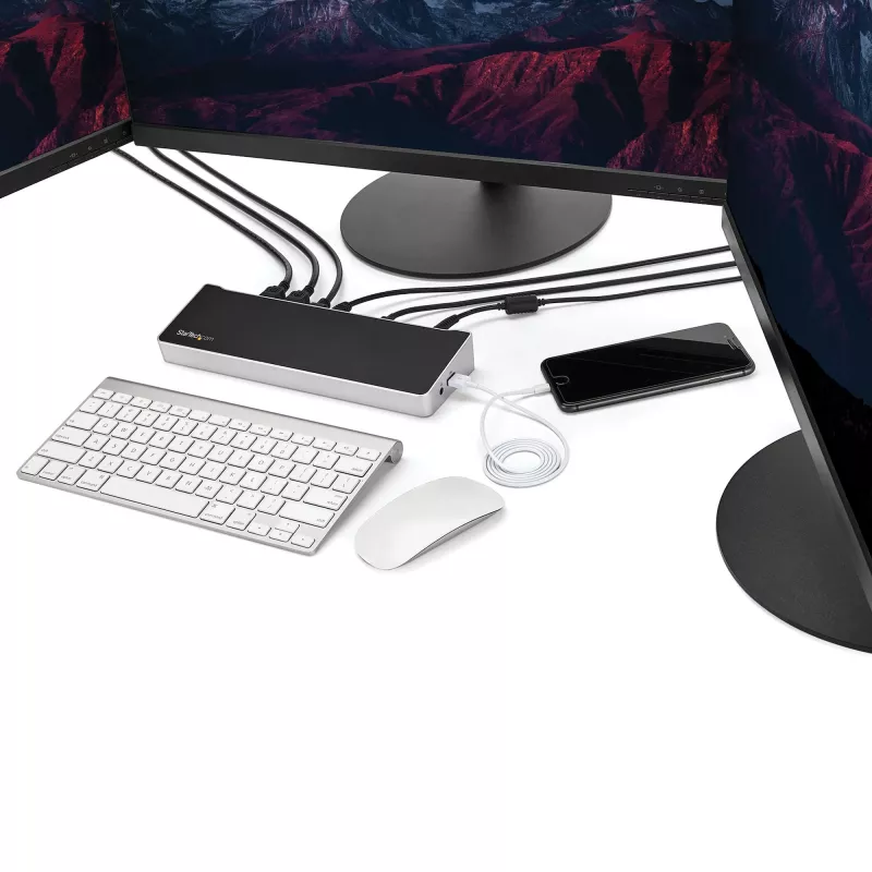 StarTech.com 4K USB-C dokas, triguba UHD 4K monitorių prijungimo stotelė, Mac ir Windows, USB-C į HDMI ir DisplayPort, 100 W energijos tiekimas, 5x USB 5 Gbps šakotuvas – TAA