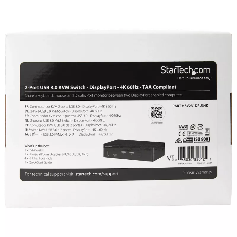 StarTech.com 2 prievadų DisplayPort KVM jungiklis - 4K 60Hz - Vienas ekranas - Dviejų prievadų UHD DP 1.2 USB KVM jungiklis su integruotu USB 3.0 šakotuvu ir garsu - Dell HP Apple Lenovo - TAA atitinkantis
