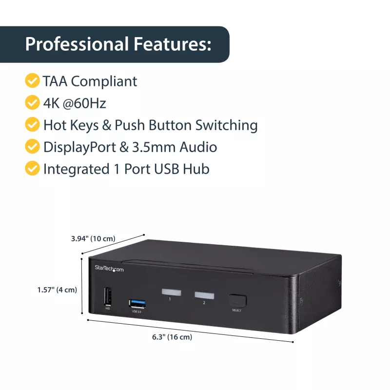 StarTech.com 2 prievadų DisplayPort KVM jungiklis - 4K 60Hz - Vienas ekranas - Dviejų prievadų UHD DP 1.2 USB KVM jungiklis su integruotu USB 3.0 šakotuvu ir garsu - Dell HP Apple Lenovo - TAA atitinkantis