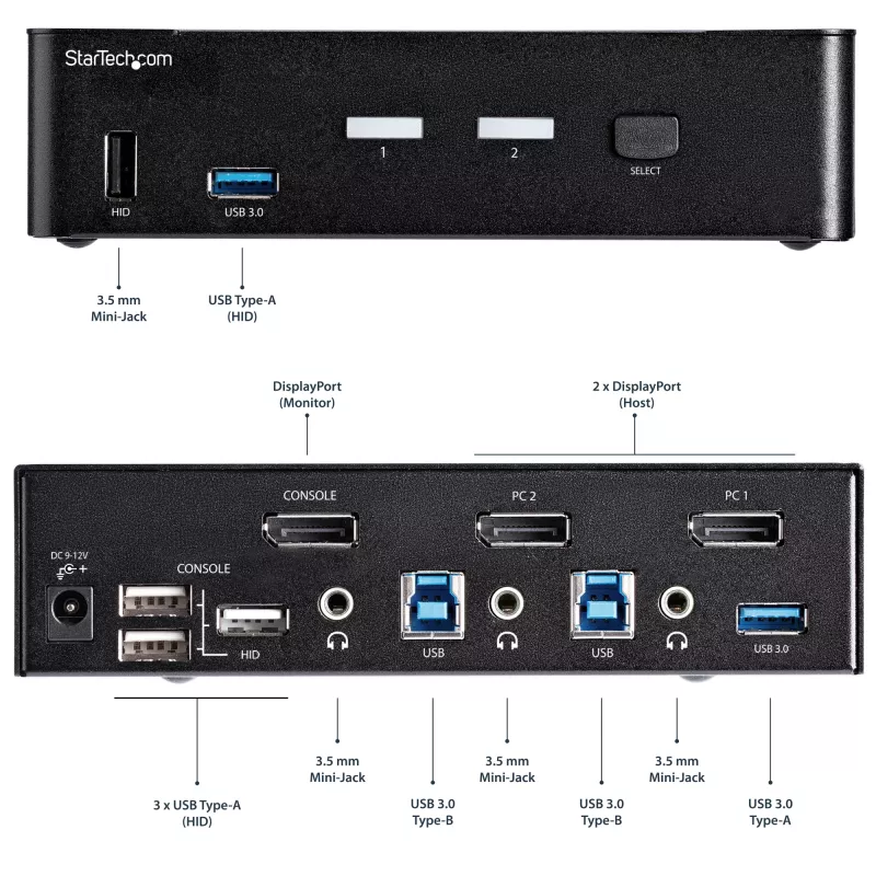 StarTech.com 2 prievadų DisplayPort KVM jungiklis - 4K 60Hz - Vienas ekranas - Dviejų prievadų UHD DP 1.2 USB KVM jungiklis su integruotu USB 3.0 šakotuvu ir garsu - Dell HP Apple Lenovo - TAA atitinkantis
