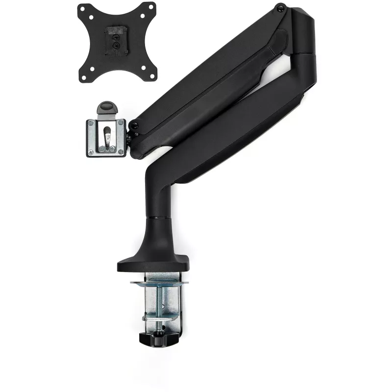 StarTech.com Stalo tvirtinimo monitoriaus laikiklis – tvirtas ergonominis VESA monitoriaus laikiklis – vienam 9 kg ekranui – visiškai judinamas, reguliuojamas aukštis, lankstomas – aliuminis – C spaustuvas / kiauryminis tvirtinimas – juodas
