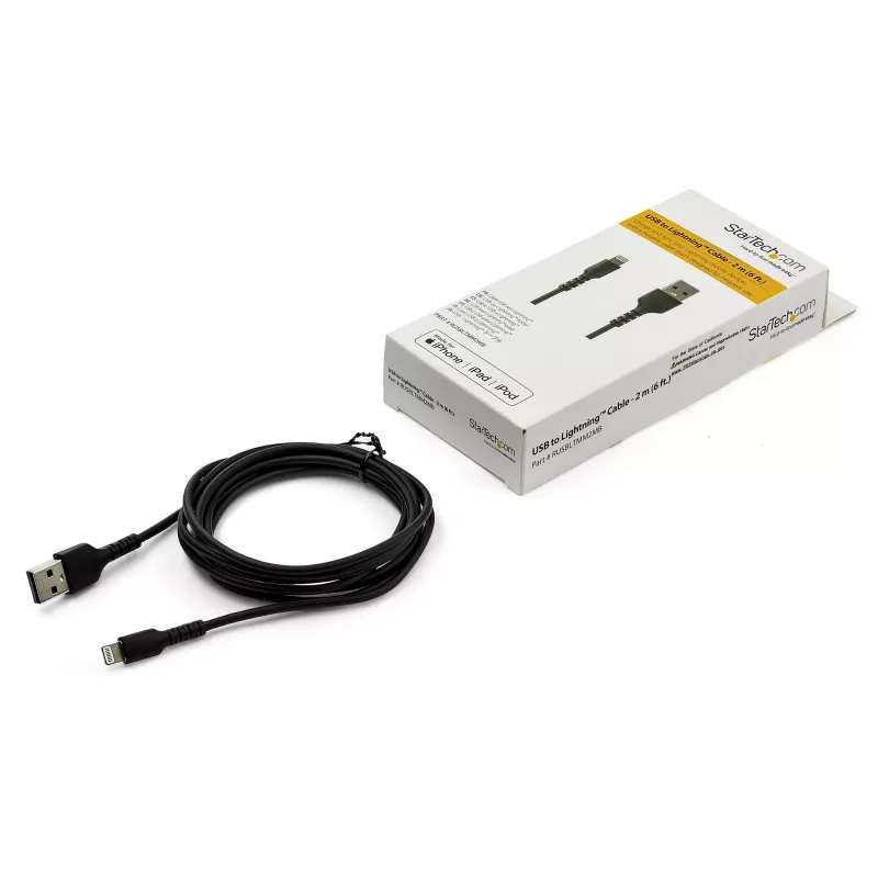 StarTech.com 6 pėdų (2 m) patvarus juodas USB-A į Lightning laidas – ypač tvirtas, armuotas aramidiniu pluoštu USB Type A į Lightning įkrovimo / sinchronizavimo maitinimo laidas – Apple MFi sertifikuotas, skirtas iPad / iPhone 12