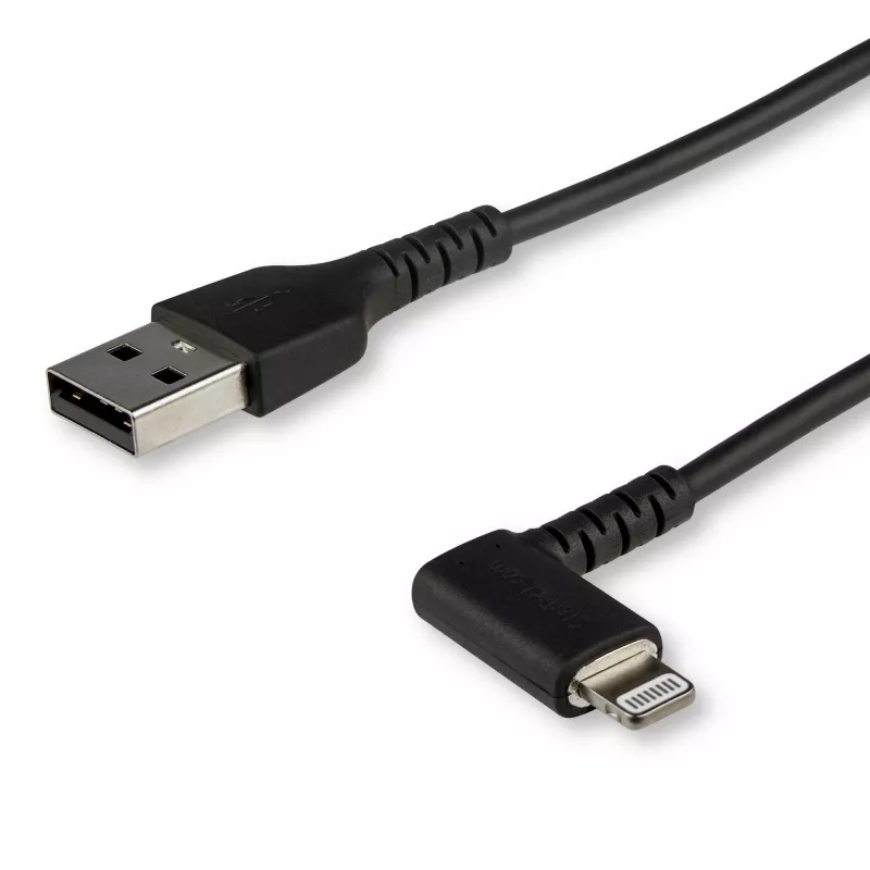 StarTech.com 3 pėdų (1 m) patvarus USB A į Lightning kabelis – juodas 90° kampuotas, itin tvirtas, sutvirtintas aramidiniu pluoštu, USB A tipo į Lightning įkrovimo / sinchronizavimo laidas – Apple MFi sertifikuotas – iPhone