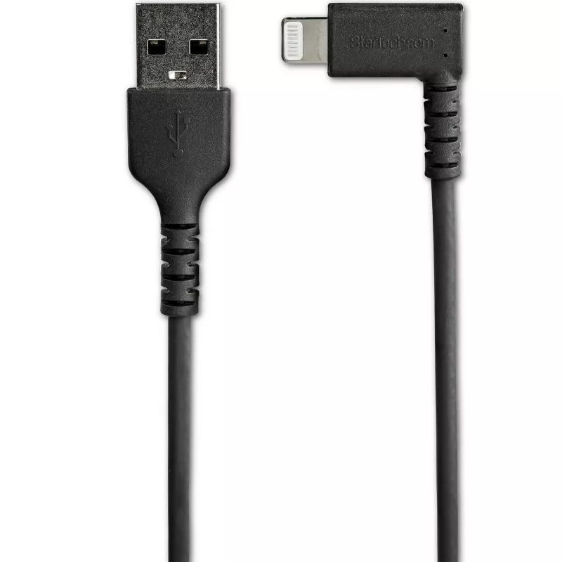 StarTech.com 3 pėdų (1 m) patvarus USB A į Lightning kabelis – juodas 90° kampuotas, itin tvirtas, sutvirtintas aramidiniu pluoštu, USB A tipo į Lightning įkrovimo / sinchronizavimo laidas – Apple MFi sertifikuotas – iPhone