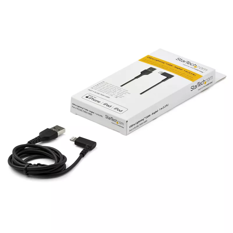 StarTech.com 3 pėdų (1 m) patvarus USB A į Lightning kabelis – juodas 90° kampuotas, itin tvirtas, sutvirtintas aramidiniu pluoštu, USB A tipo į Lightning įkrovimo / sinchronizavimo laidas – Apple MFi sertifikuotas – iPhone