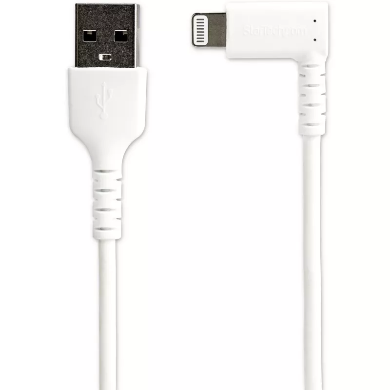 StarTech.com 1 m patvarus USB A – Lightning laidas, baltas, 90° kampu, sunkių apkrovų, sustiprintas aramidiniu pluoštu, USB Type A – Lightning įkrovimo / sinchronizavimo laidas, Apple MFi sertifikuotas – iPhone