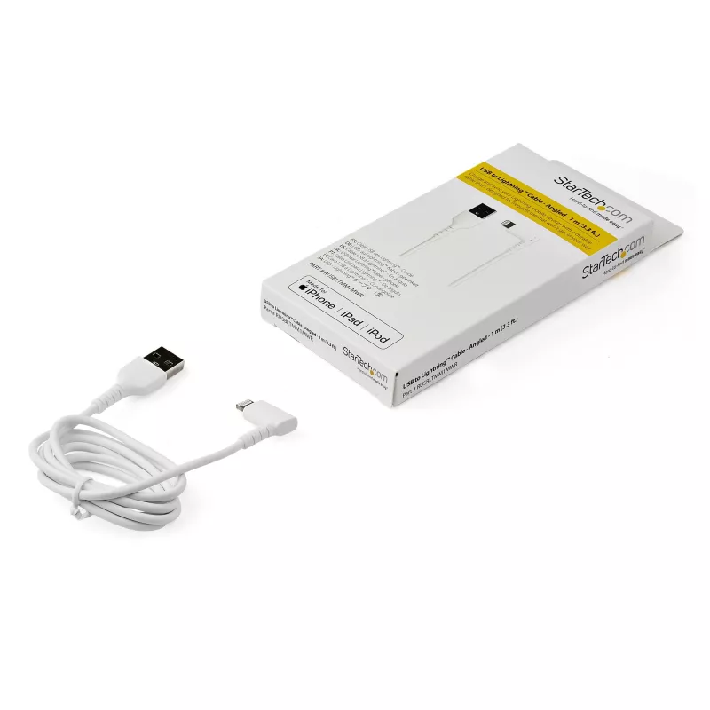 StarTech.com 1 m patvarus USB A – Lightning laidas, baltas, 90° kampu, sunkių apkrovų, sustiprintas aramidiniu pluoštu, USB Type A – Lightning įkrovimo / sinchronizavimo laidas, Apple MFi sertifikuotas – iPhone