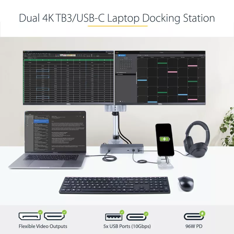 StarTech.com USB-C dokas, skirtas „MacBook Pro/Air-M1/M2/M3/M4“, suderinamas su „Thunderbolt“, HDMI/DisplayPort, du 4K 60Hz / vienas 8K, USB Type-C nešiojamojo kompiuterio dokas, 96 W galios tiekimas, USB 10 Gbps