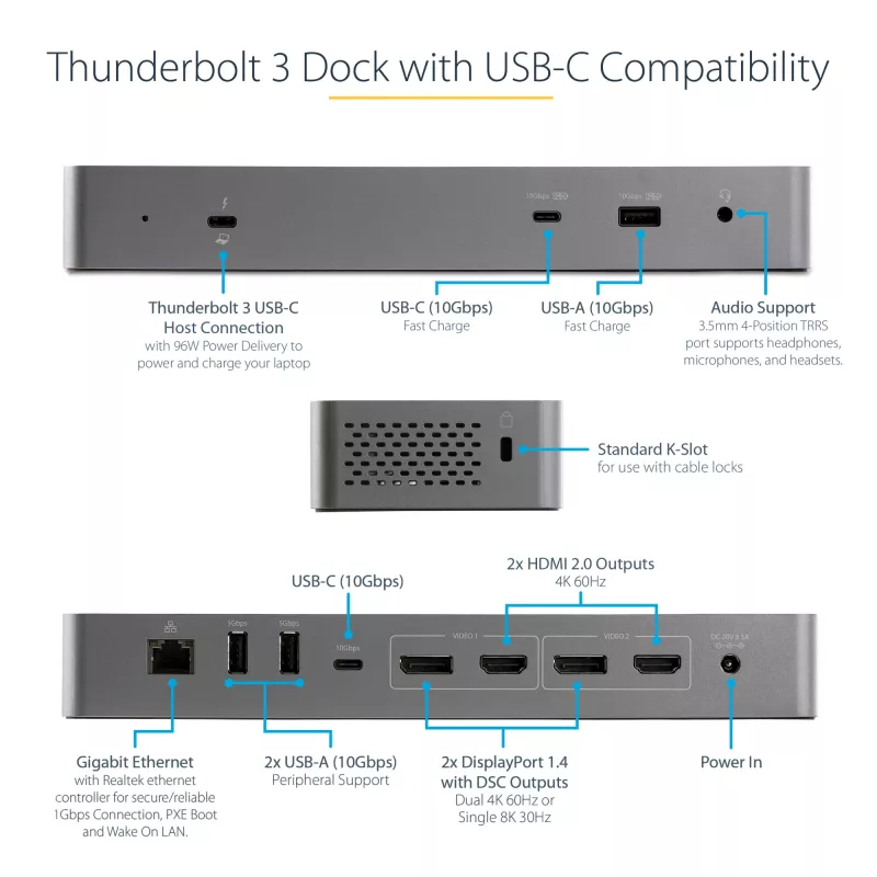 StarTech.com USB-C dokas, skirtas „MacBook Pro/Air-M1/M2/M3/M4“, suderinamas su „Thunderbolt“, HDMI/DisplayPort, du 4K 60Hz / vienas 8K, USB Type-C nešiojamojo kompiuterio dokas, 96 W galios tiekimas, USB 10 Gbps