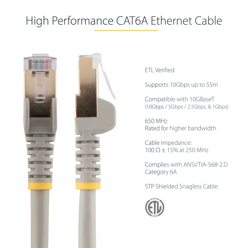 StarTech.com 7 m CAT6a eterneto kabelis – 10 gigabitų ekranuotas nesikabinantis RJ45 100 W PoE pataisų laidas – 10GbE STP tinklo kabelis su įtempimo sumažinimu – pilkas, individualiai tikrintas / laidai sertifikuoti UL / TIA