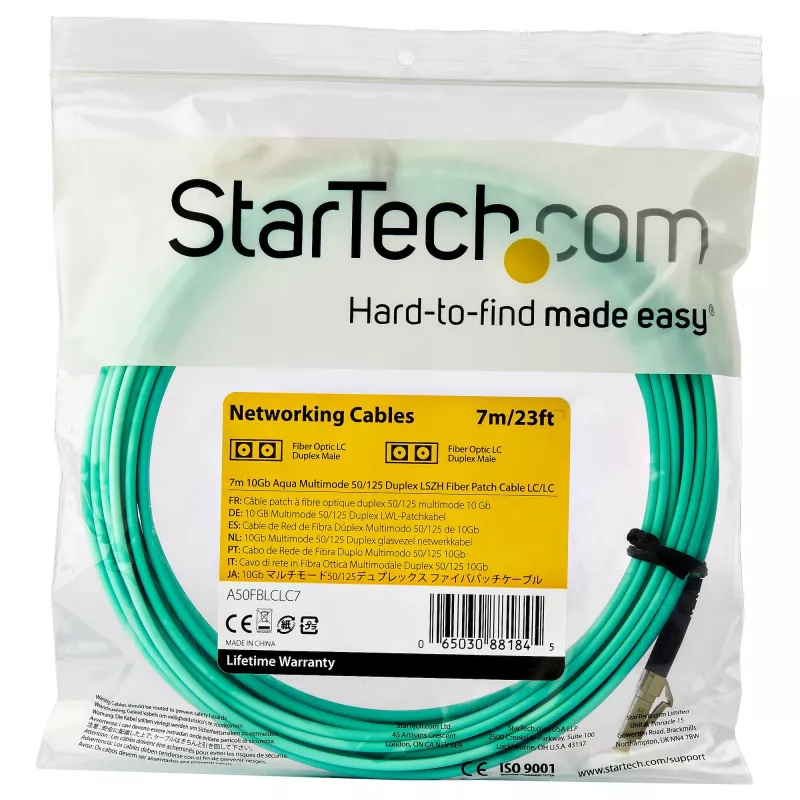 StarTech.com 7 m (22 pėdų) LC/UPC–LC/UPC OM3 daugiamodis šviesolaidinis kabelis, pilno duplekso 50/125 µm zipcord kabelis, 100G, maži įterpimo nuostoliai, LSZH šviesolaidinis trumpiklis