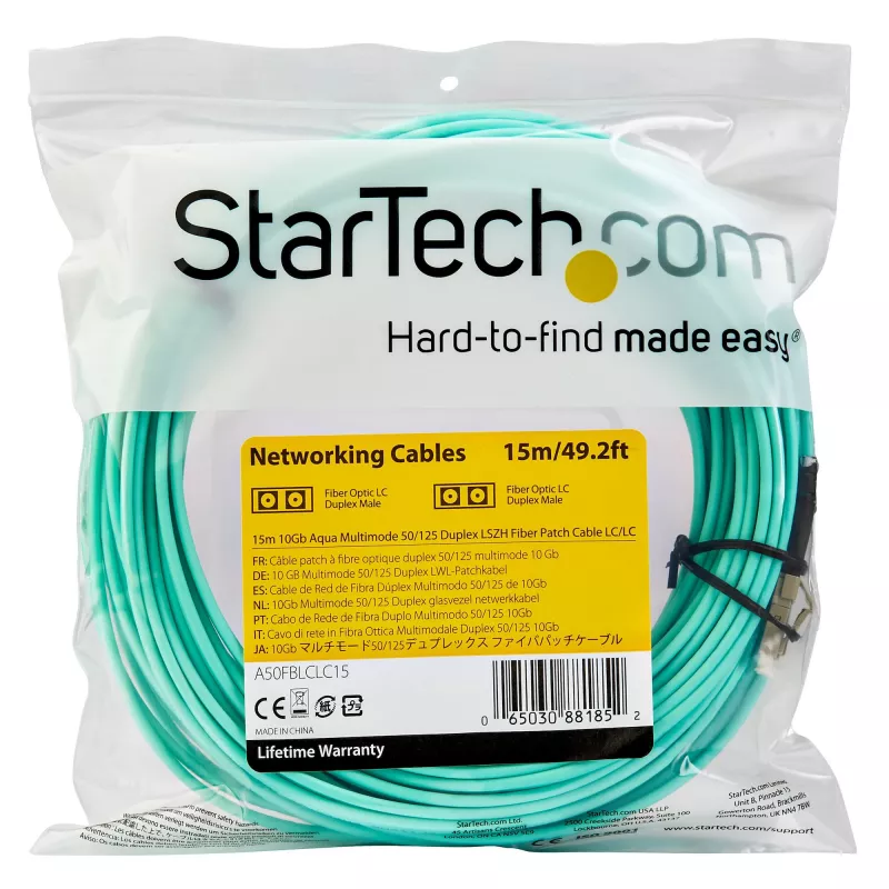 StarTech.com 15m (50ft) LC/UPC to LC/UPC OM3 Multimode Fiber Optic kabelis, Full Duplex 50/125µm Zipcord Fiber kabelis, 100G, Low Insertion Loss, LSZH Fiber Jumper Cord