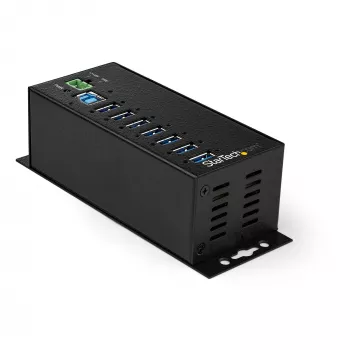 StarTech.com 7 prievadų USB 3.0 šakotuvas su maitinimo adapteriu – metalinis pramoninis USB-A šakotuvas su ESD ir 350 W apsauga nuo viršįtampių – DIN / prie sienos / ant stalo montuojamas – didelės spartos USB 3.2 Gen 1 (5 Gbps) šakotuvas – TAA