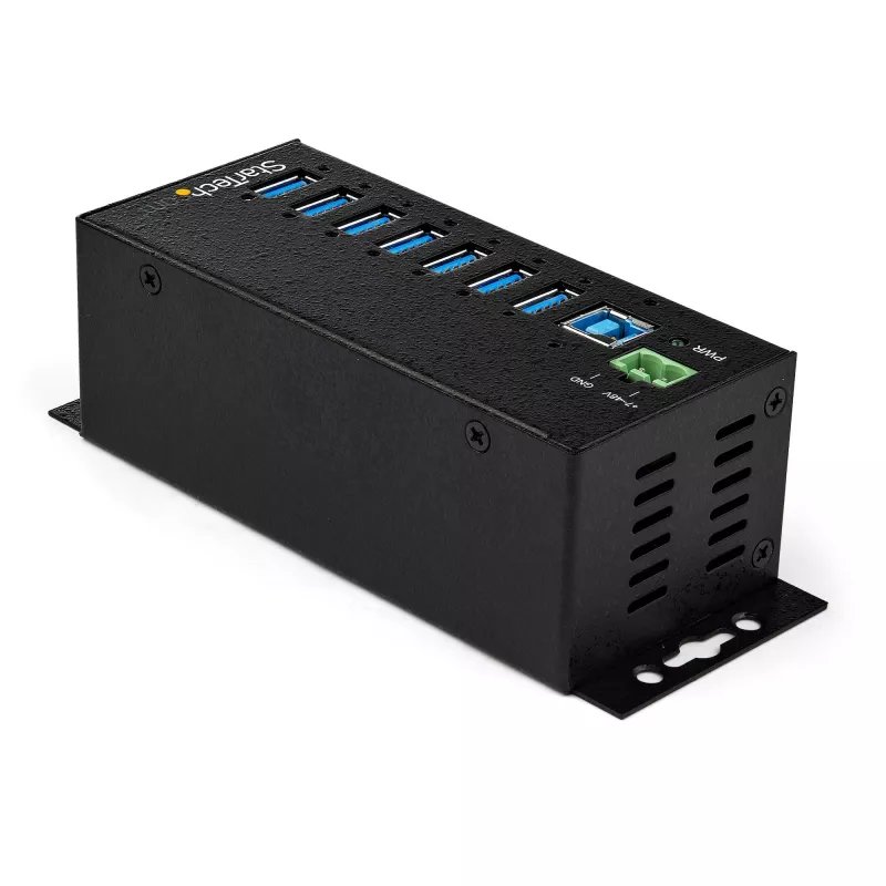 StarTech.com 7 prievadų USB 3.0 šakotuvas su maitinimo adapteriu – metalinis pramoninis USB-A šakotuvas su ESD ir 350 W apsauga nuo viršįtampių – DIN / prie sienos / ant stalo montuojamas – didelės spartos USB 3.2 Gen 1 (5 Gbps) šakotuvas – TAA