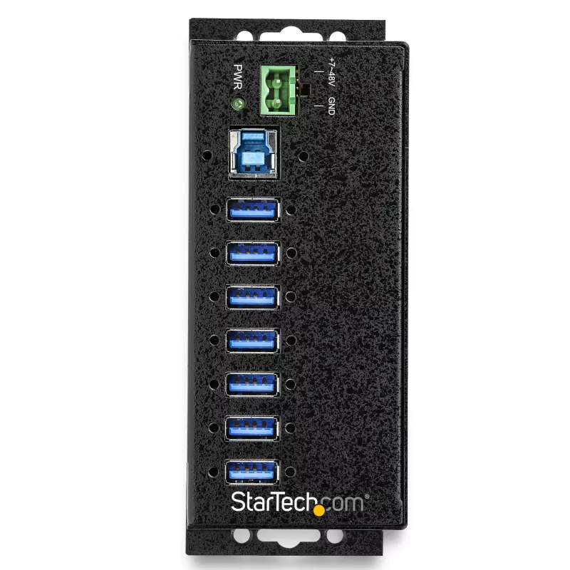 StarTech.com 7 prievadų USB 3.0 šakotuvas su maitinimo adapteriu – metalinis pramoninis USB-A šakotuvas su ESD ir 350 W apsauga nuo viršįtampių – DIN / prie sienos / ant stalo montuojamas – didelės spartos USB 3.2 Gen 1 (5 Gbps) šakotuvas – TAA