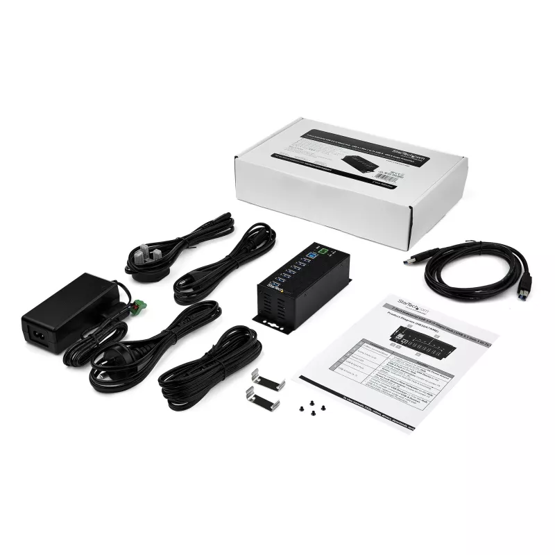 StarTech.com 7 prievadų USB 3.0 šakotuvas su maitinimo adapteriu – metalinis pramoninis USB-A šakotuvas su ESD ir 350 W apsauga nuo viršįtampių – DIN / prie sienos / ant stalo montuojamas – didelės spartos USB 3.2 Gen 1 (5 Gbps) šakotuvas – TAA