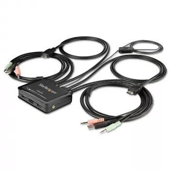StarTech.com 2 prievadų HDMI KVM komutatorius - 4K 60Hz - Kompaktiškas dviejų prievadų UHD/Ultra HD USB stalinis KVM komutatorius su integruotais 1,2 m kabeliais ir garso įranga - maitinamas per magistralę ir nuotolinis perjungimas - MacBook ThinkPad