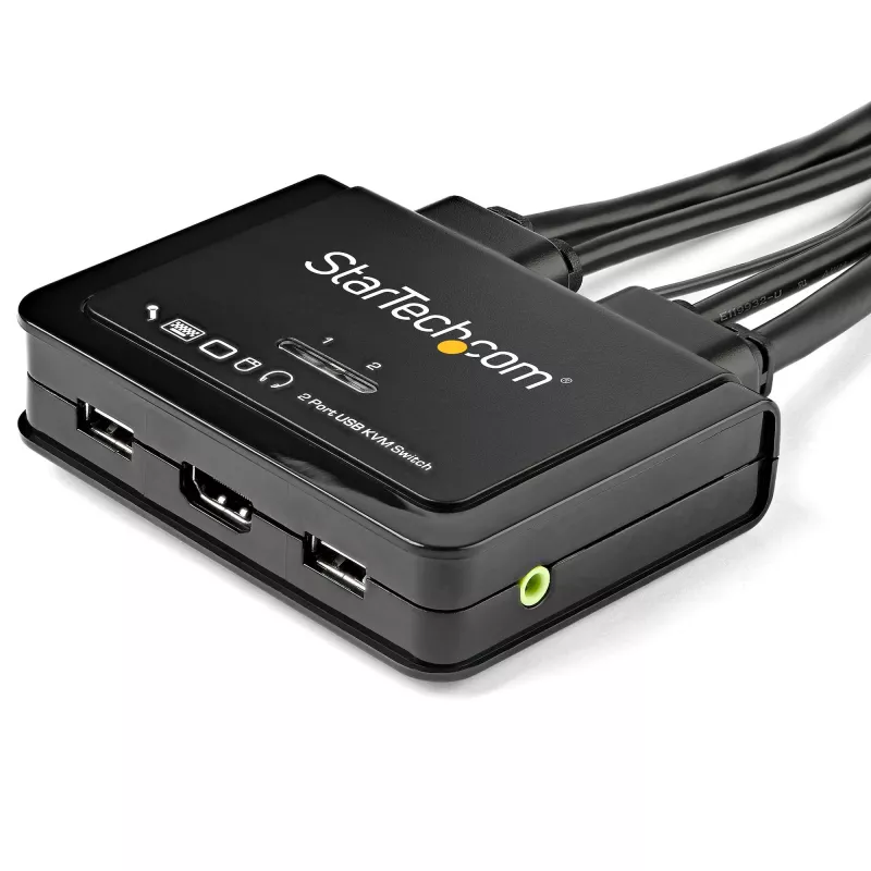 StarTech.com 2 prievadų HDMI KVM komutatorius - 4K 60Hz - Kompaktiškas dviejų prievadų UHD/Ultra HD USB stalinis KVM komutatorius su integruotais 1,2 m kabeliais ir garso įranga - maitinamas per magistralę ir nuotolinis perjungimas - MacBook ThinkPad