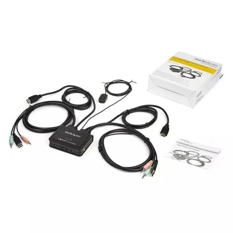 StarTech.com 2 prievadų HDMI KVM komutatorius - 4K 60Hz - Kompaktiškas dviejų prievadų UHD/Ultra HD USB stalinis KVM komutatorius su integruotais 1,2 m kabeliais ir garso įranga - maitinamas per magistralę ir nuotolinis perjungimas - MacBook ThinkPad