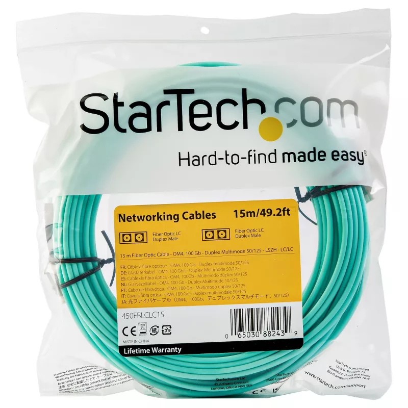 StarTech.com 15m (50ft) LC/UPC į LC/UPC OM4 daugiamodis šviesolaidinis kabelis, 50/125µm LOMMF/VCSEL Zipcord skaidula, 100G, maži įterpimo nuostoliai - LSZH šviesolaidinis trumpiklis