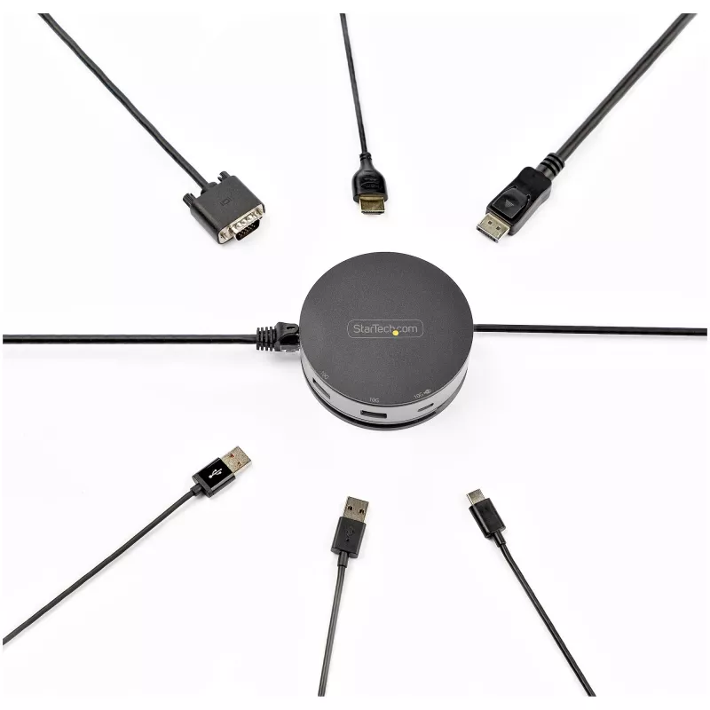 StarTech.com USB C universali jungtis - USB 3.1 Gen 2 10Gbps Type-C mini stotelė su 4K 60Hz HDMI/DisplayPort arba 1080p VGA - 75W PD pralaidumas, 3 prievadų USB šakotuvas, GbE - mobili prijungimo stotis