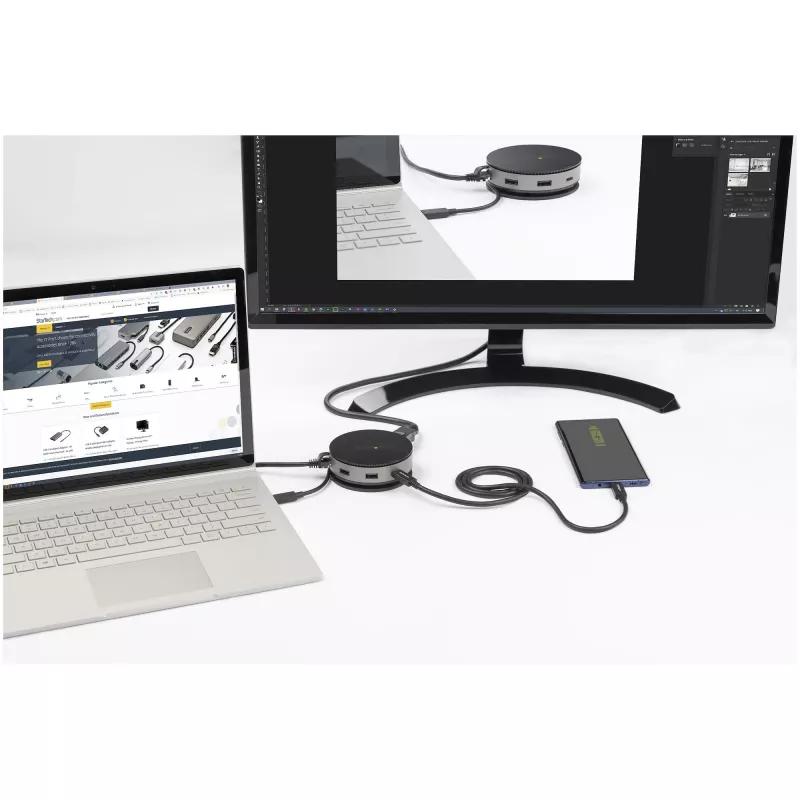 StarTech.com USB C universali jungtis - USB 3.1 Gen 2 10Gbps Type-C mini stotelė su 4K 60Hz HDMI/DisplayPort arba 1080p VGA - 75W PD pralaidumas, 3 prievadų USB šakotuvas, GbE - mobili prijungimo stotis