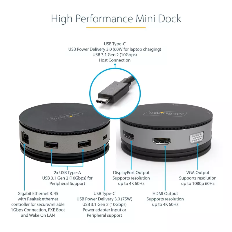 StarTech.com USB C universali jungtis - USB 3.1 Gen 2 10Gbps Type-C mini stotelė su 4K 60Hz HDMI/DisplayPort arba 1080p VGA - 75W PD pralaidumas, 3 prievadų USB šakotuvas, GbE - mobili prijungimo stotis