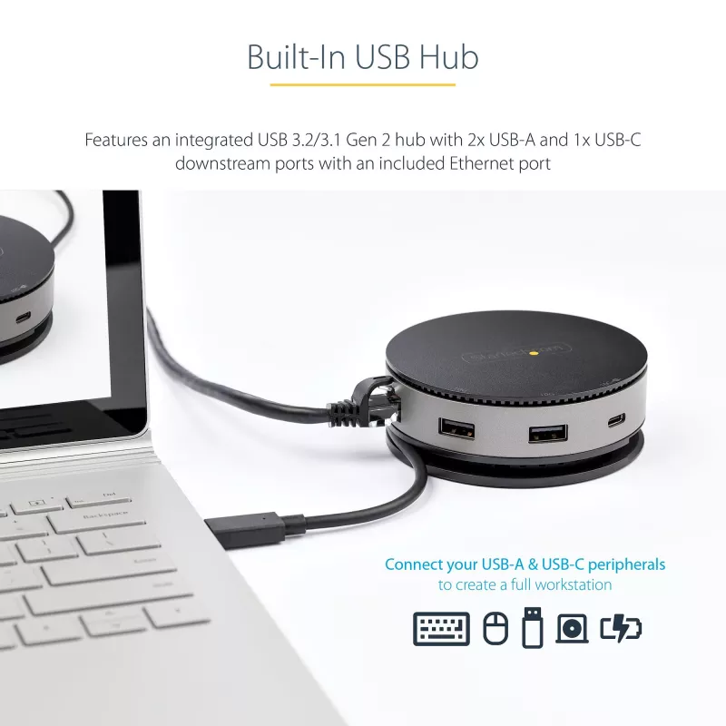 StarTech.com USB C universali jungtis - USB 3.1 Gen 2 10Gbps Type-C mini stotelė su 4K 60Hz HDMI/DisplayPort arba 1080p VGA - 75W PD pralaidumas, 3 prievadų USB šakotuvas, GbE - mobili prijungimo stotis