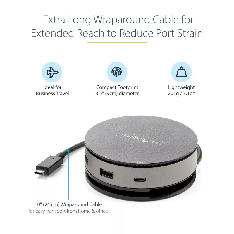StarTech.com USB C universali jungtis - USB 3.1 Gen 2 10Gbps Type-C mini stotelė su 4K 60Hz HDMI/DisplayPort arba 1080p VGA - 75W PD pralaidumas, 3 prievadų USB šakotuvas, GbE - mobili prijungimo stotis
