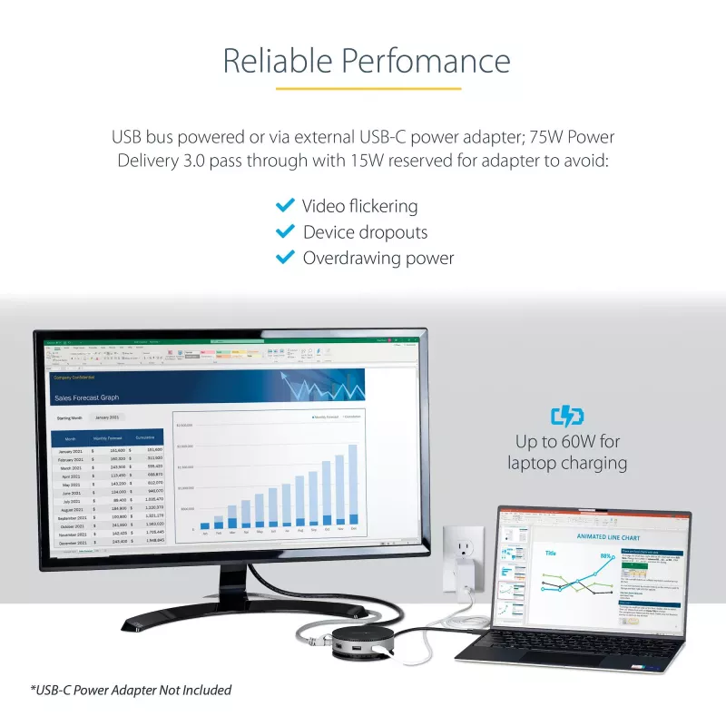 StarTech.com USB C universali jungtis - USB 3.1 Gen 2 10Gbps Type-C mini stotelė su 4K 60Hz HDMI/DisplayPort arba 1080p VGA - 75W PD pralaidumas, 3 prievadų USB šakotuvas, GbE - mobili prijungimo stotis