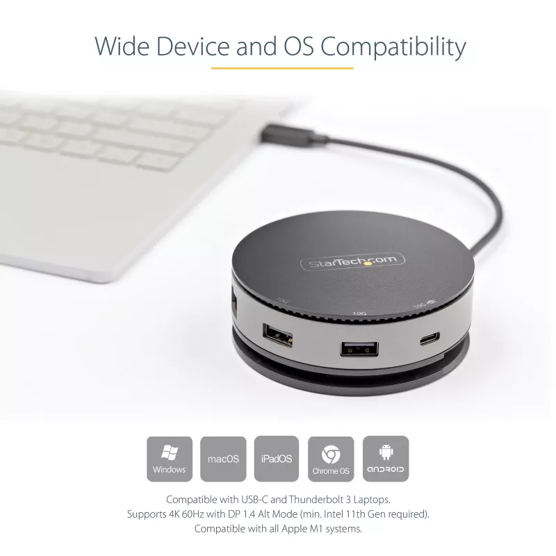 StarTech.com USB C universali jungtis - USB 3.1 Gen 2 10Gbps Type-C mini stotelė su 4K 60Hz HDMI/DisplayPort arba 1080p VGA - 75W PD pralaidumas, 3 prievadų USB šakotuvas, GbE - mobili prijungimo stotis