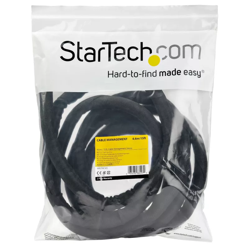 StarTech.com 15' (4,6 m) kabelių valdymo įvorė – lanksti susukta kabelių apvija – 1,0–1,5 colio skersmens išplečiama įvorė – poliesterio laido tvarkyklė / apsauga / slėptuvė – juoda apkarpoma kabelių organizatorė