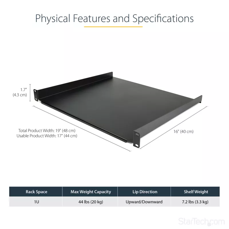 StarTech.com 1U serverių stovo lentyna - universali stovo montavimo konsolinė lentyna 19 colių tinklo įrangos stovui ir spintai - patikimas plienas - keliamoji galia 44lb/20kg - 16 colių gylio dėklas, juoda