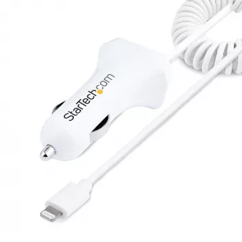 StarTech.com „Lightning“ automobilinis įkroviklis su spiraliniu laidu, 1 m spiralinis „Lightning“ laidas, 12 W, baltas, 2 prievadų USB automobilinio įkroviklio adapteris telefonams ir planšetėms, dvigubas USB automobilinis „iPhone“ įkroviklis