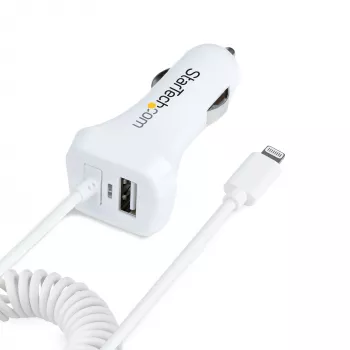 StarTech.com „Lightning“ automobilinis įkroviklis su spiraliniu laidu, 1 m spiralinis „Lightning“ laidas, 12 W, baltas, 2 prievadų USB automobilinio įkroviklio adapteris telefonams ir planšetėms, dvigubas USB automobilinis „iPhone“ įkroviklis