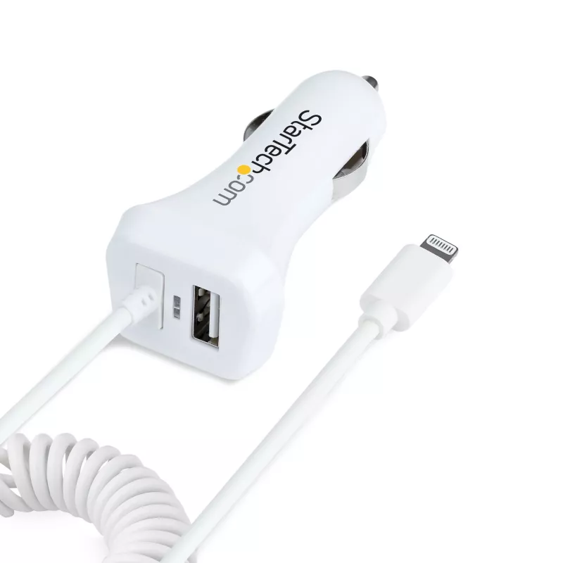 StarTech.com „Lightning“ automobilinis įkroviklis su spiraliniu laidu, 1 m spiralinis „Lightning“ laidas, 12 W, baltas, 2 prievadų USB automobilinio įkroviklio adapteris telefonams ir planšetėms, dvigubas USB automobilinis „iPhone“ įkroviklis