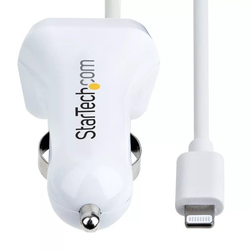 StarTech.com „Lightning“ automobilinis įkroviklis su spiraliniu laidu, 1 m spiralinis „Lightning“ laidas, 12 W, baltas, 2 prievadų USB automobilinio įkroviklio adapteris telefonams ir planšetėms, dvigubas USB automobilinis „iPhone“ įkroviklis