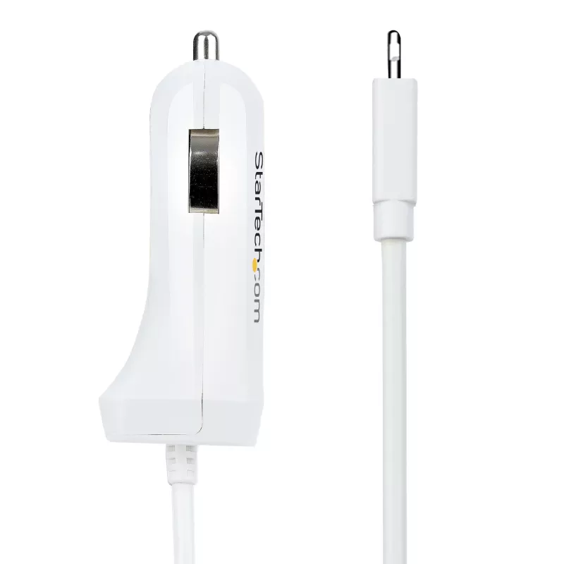 StarTech.com „Lightning“ automobilinis įkroviklis su spiraliniu laidu, 1 m spiralinis „Lightning“ laidas, 12 W, baltas, 2 prievadų USB automobilinio įkroviklio adapteris telefonams ir planšetėms, dvigubas USB automobilinis „iPhone“ įkroviklis