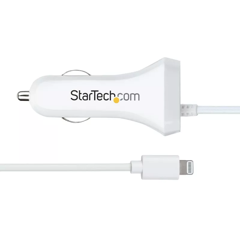 StarTech.com „Lightning“ automobilinis įkroviklis su spiraliniu laidu, 1 m spiralinis „Lightning“ laidas, 12 W, baltas, 2 prievadų USB automobilinio įkroviklio adapteris telefonams ir planšetėms, dvigubas USB automobilinis „iPhone“ įkroviklis