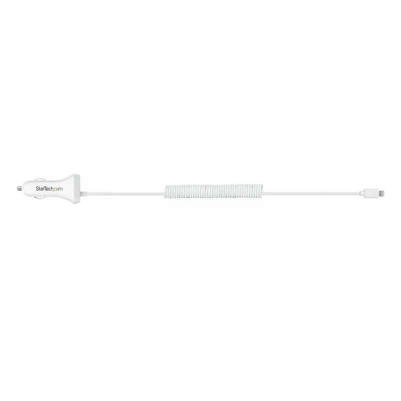 StarTech.com „Lightning“ automobilinis įkroviklis su spiraliniu laidu, 1 m spiralinis „Lightning“ laidas, 12 W, baltas, 2 prievadų USB automobilinio įkroviklio adapteris telefonams ir planšetėms, dvigubas USB automobilinis „iPhone“ įkroviklis