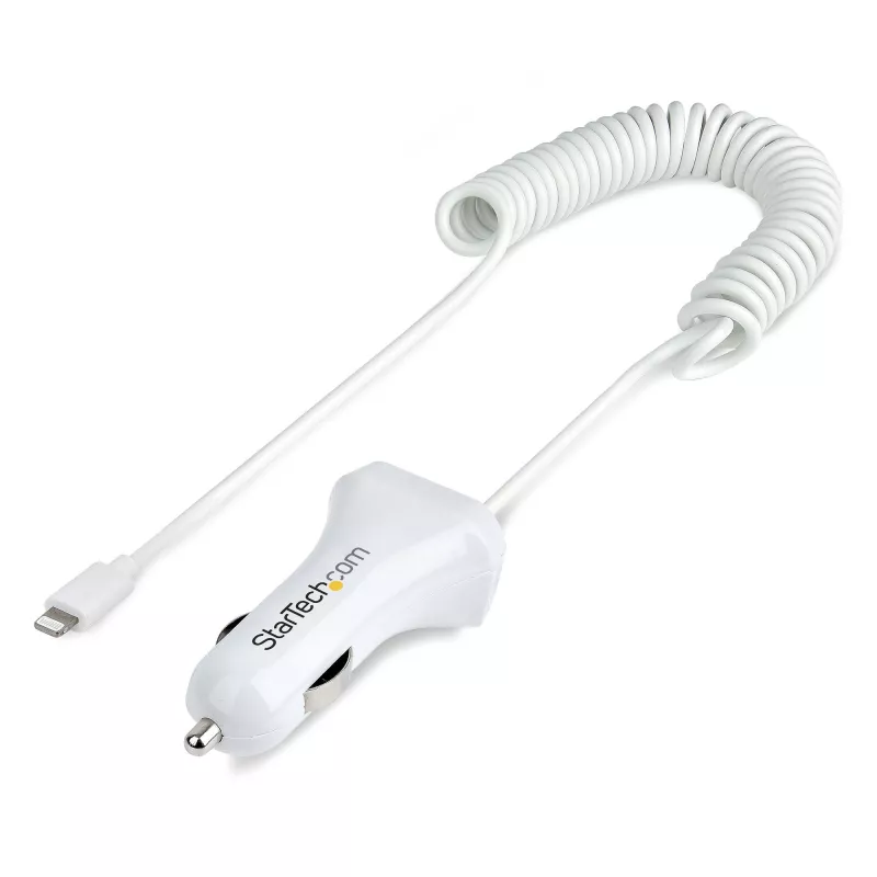 StarTech.com „Lightning“ automobilinis įkroviklis su spiraliniu laidu, 1 m spiralinis „Lightning“ laidas, 12 W, baltas, 2 prievadų USB automobilinio įkroviklio adapteris telefonams ir planšetėms, dvigubas USB automobilinis „iPhone“ įkroviklis