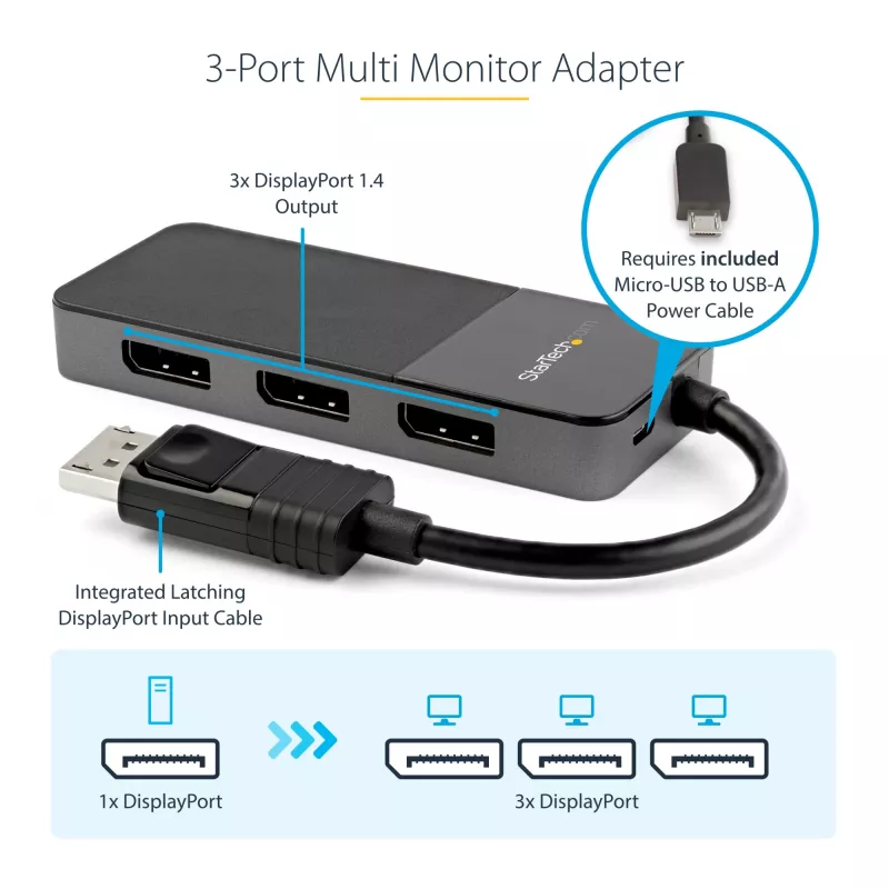 StarTech.com 3 prievadų kelių monitorių adapteris - DisplayPort 1.4 į 3x 4K DisplayPort vaizdo skirstytuvas - dviguba arba triguba 4K - nešiojamųjų / stacionarių kompiuterių DisplayPort MST šakotuvas keliems monitoriams - tik Windows kompiuteriams